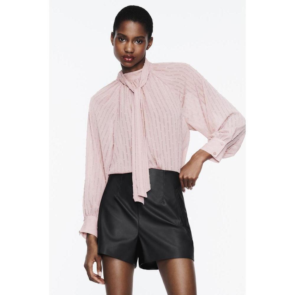 TIED DOTTED MESH BLOUSE